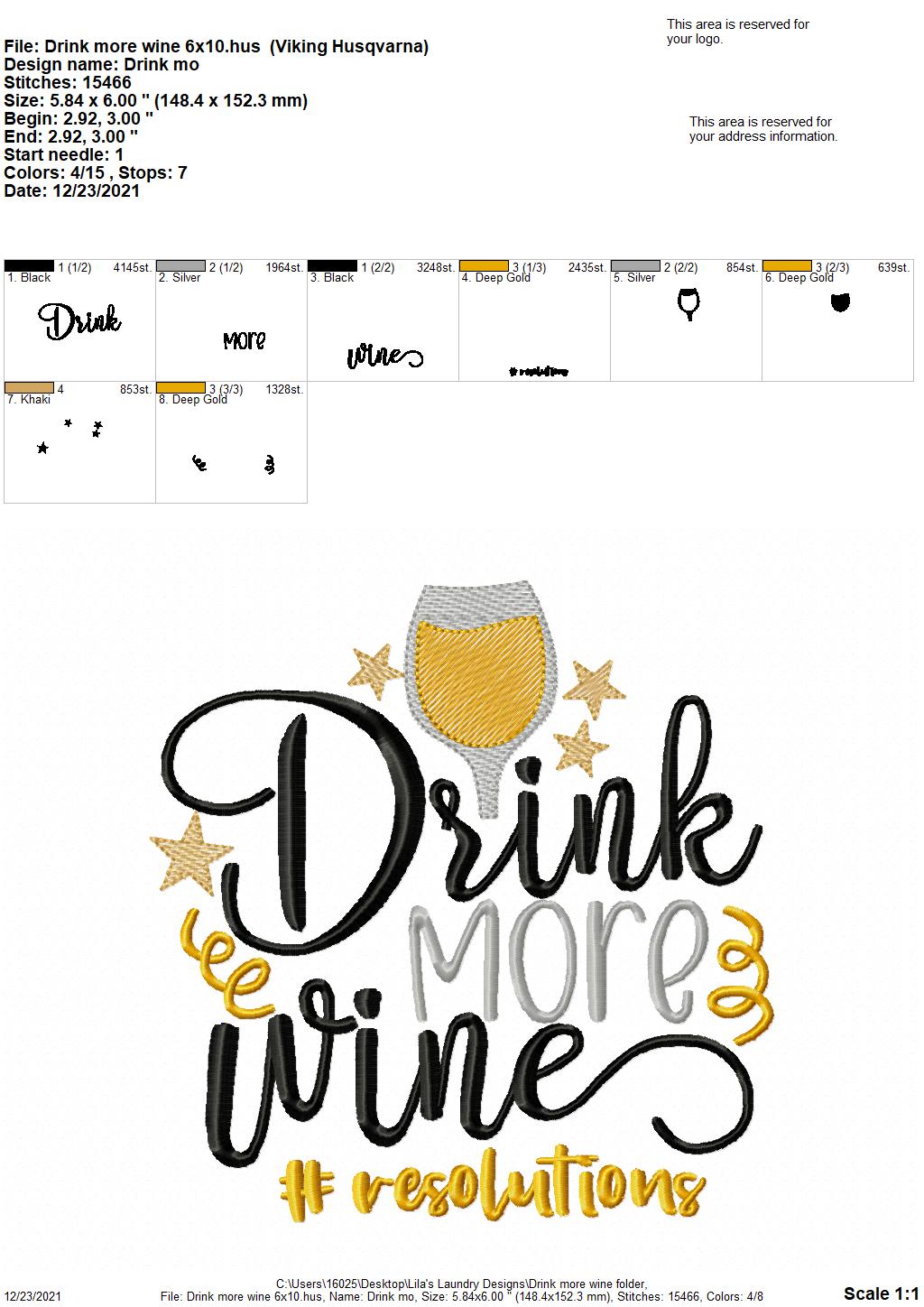 Drink More Wine - 4 sizes- Digital Embroidery Design