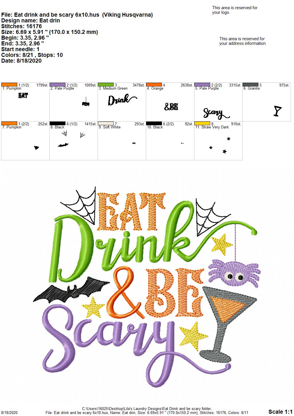 Eat Drink & Be Scary - 2 Sizes - Digital Embroidery Design