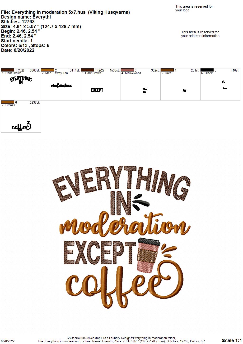 Everything in Moderation - 3 sizes- Digital Embroidery Design