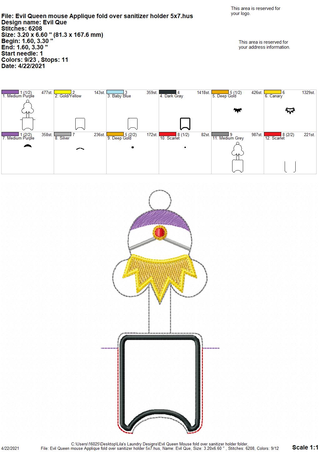 Evil Queen Mouse Applique Fold Over Sanitizer Holder 5x7- DIGITAL Embroidery DESIGN