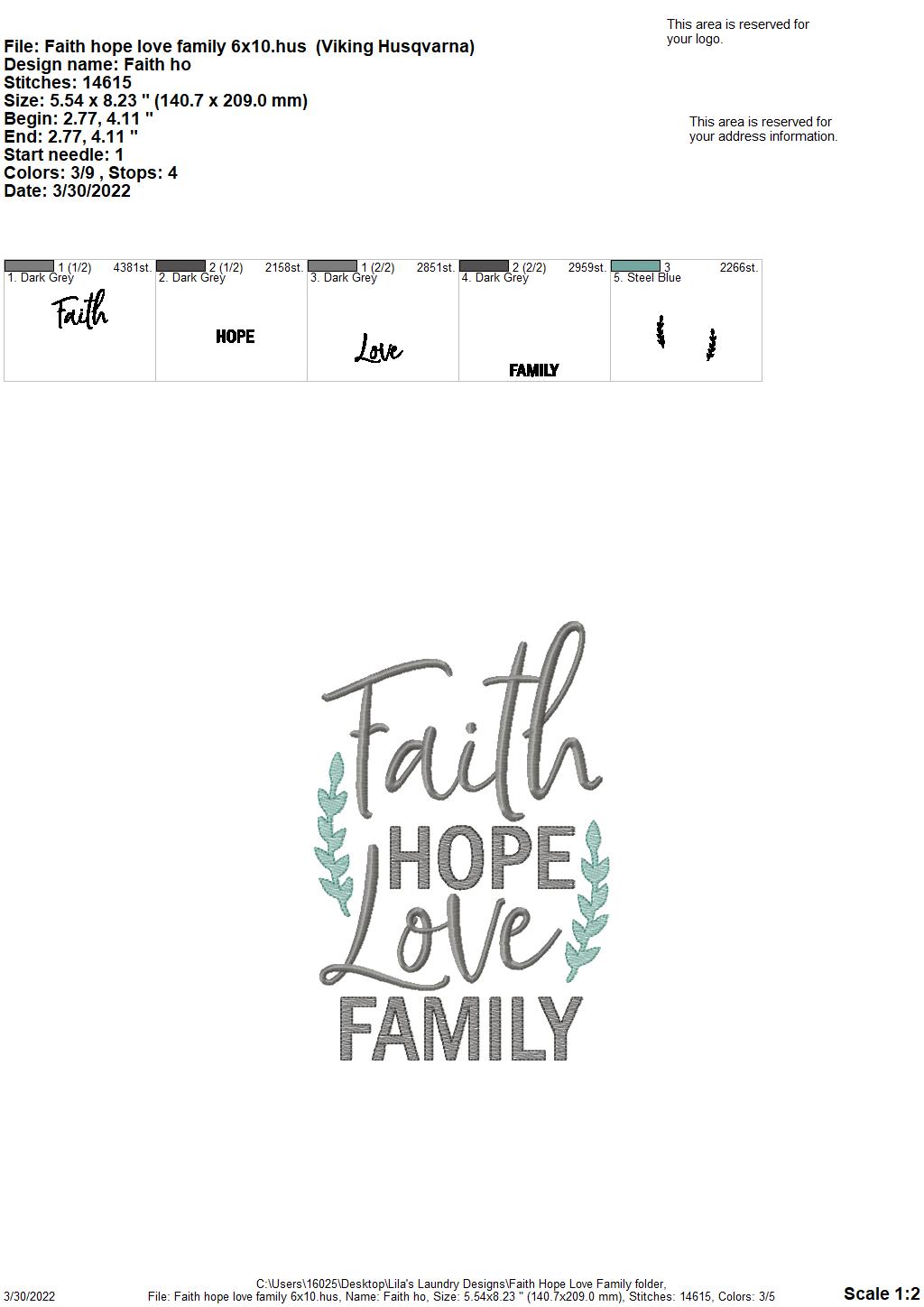 Faith Hope Love Family - 3 sizes- Digital Embroidery Design