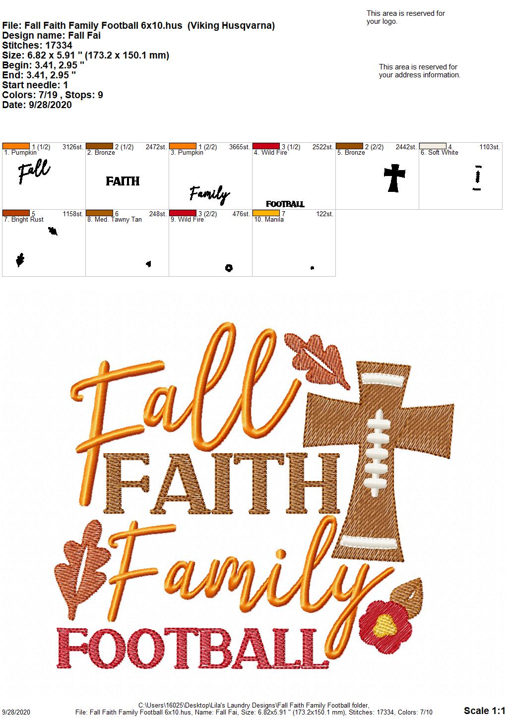 Fall Faith Family Football - 2 Sizes - Digital Embroidery Design
