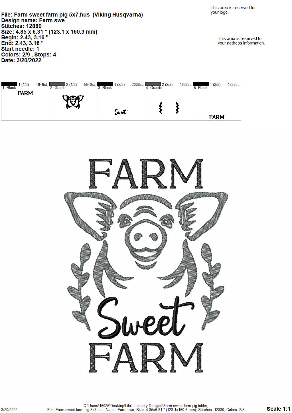 Farm Sweet Farm Pig - 3 sizes- Digital Embroidery Design