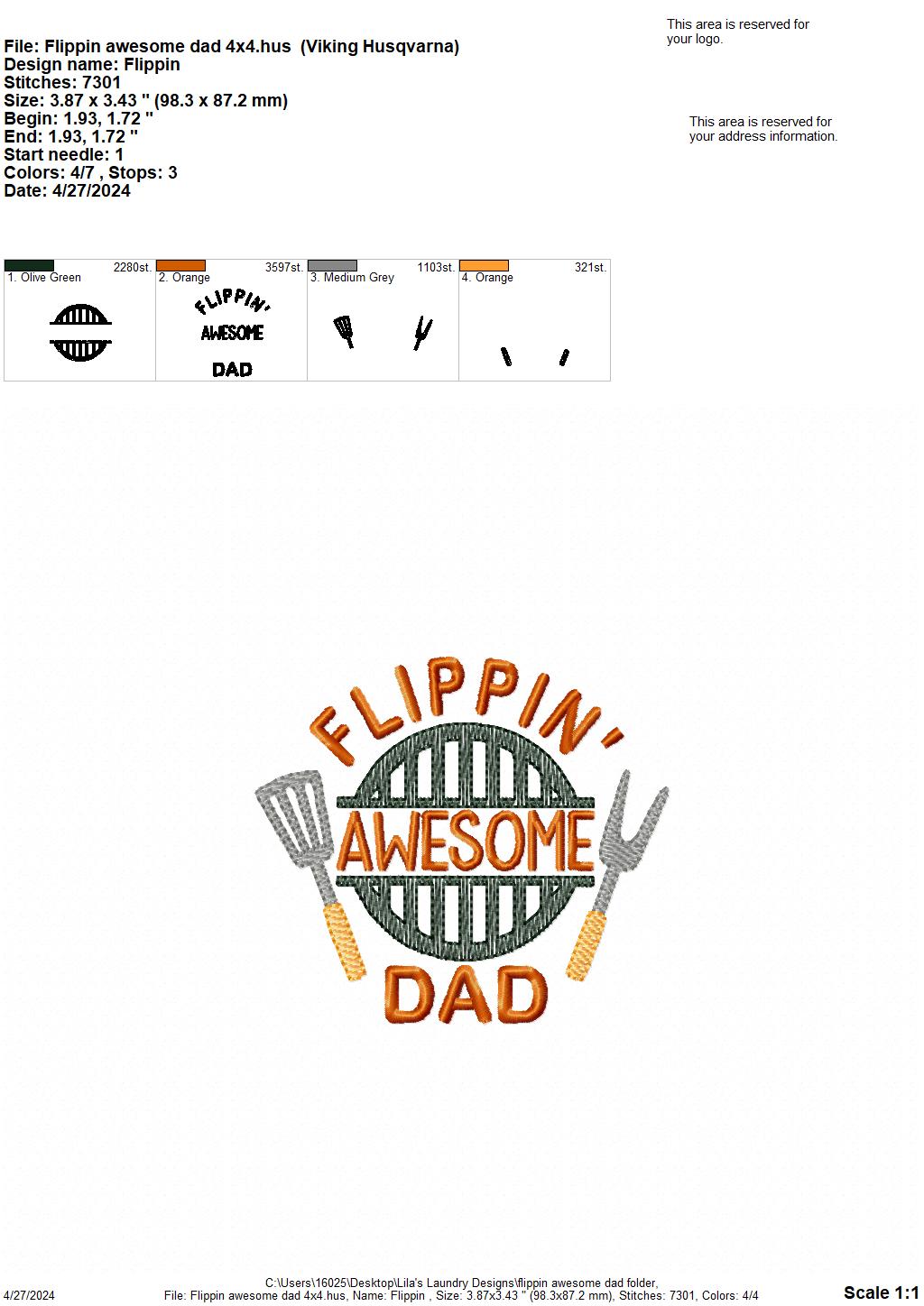 Flippin' Awesome Dad - 4 Sizes - Digital Embroidery Design