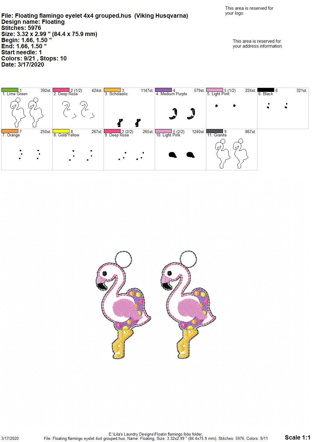 Floating Flamingo Fobs -  DIGITAL Embroidery DESIGN