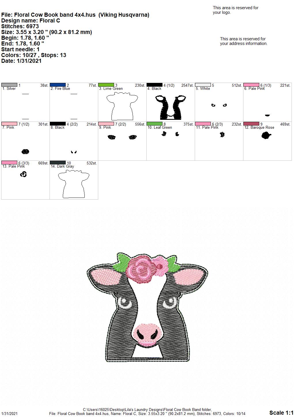 Floral Cow Book Band - Embroidery Design, Digital File