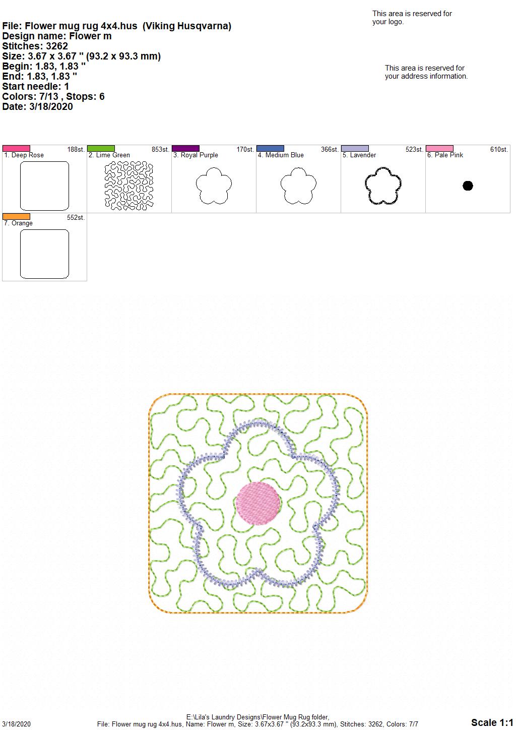 Flower Mug Rug  4x4 - DIGITAL Embroidery DESIGN