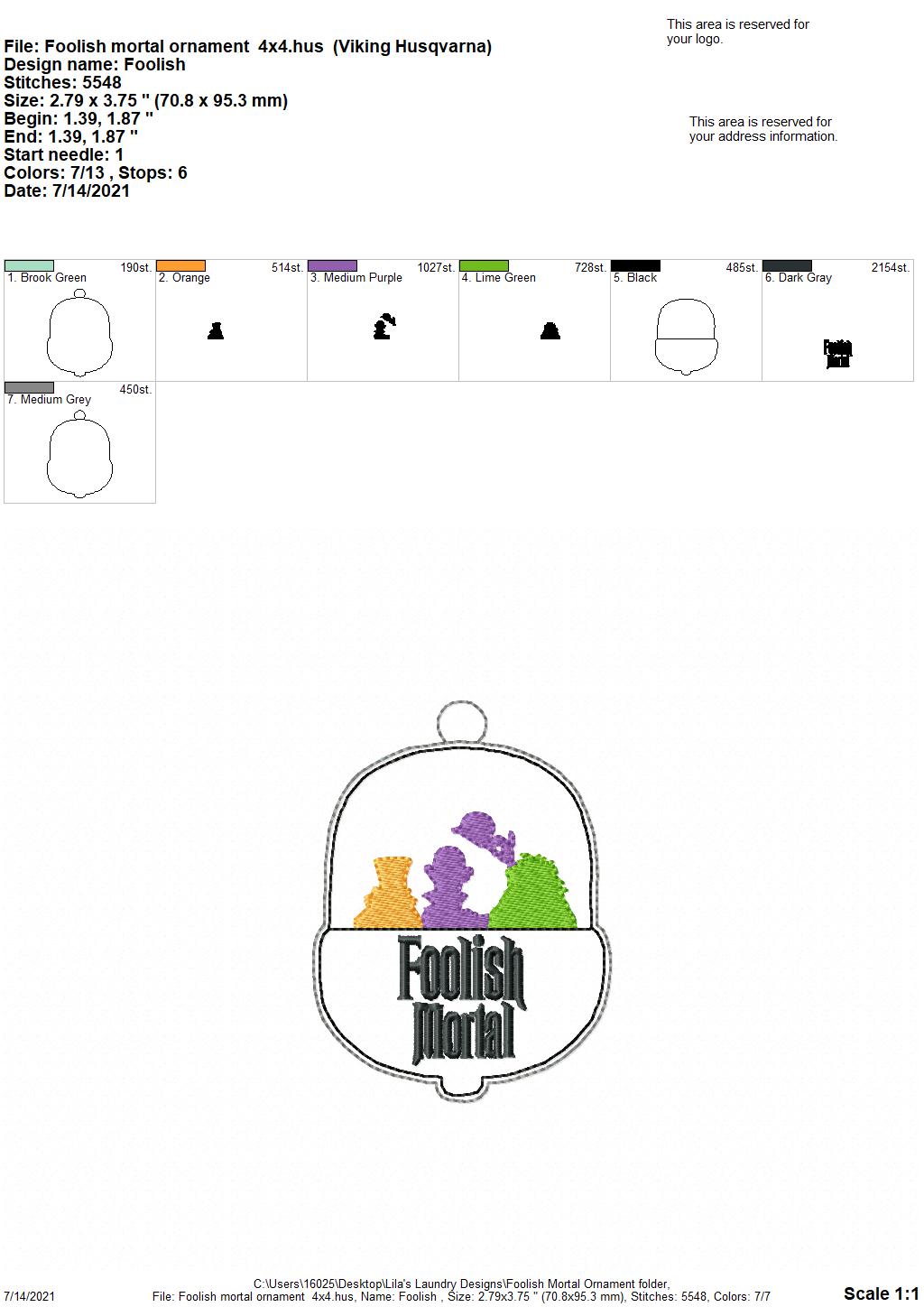 Foolish Mortal Ornament - Digital Embroidery Design
