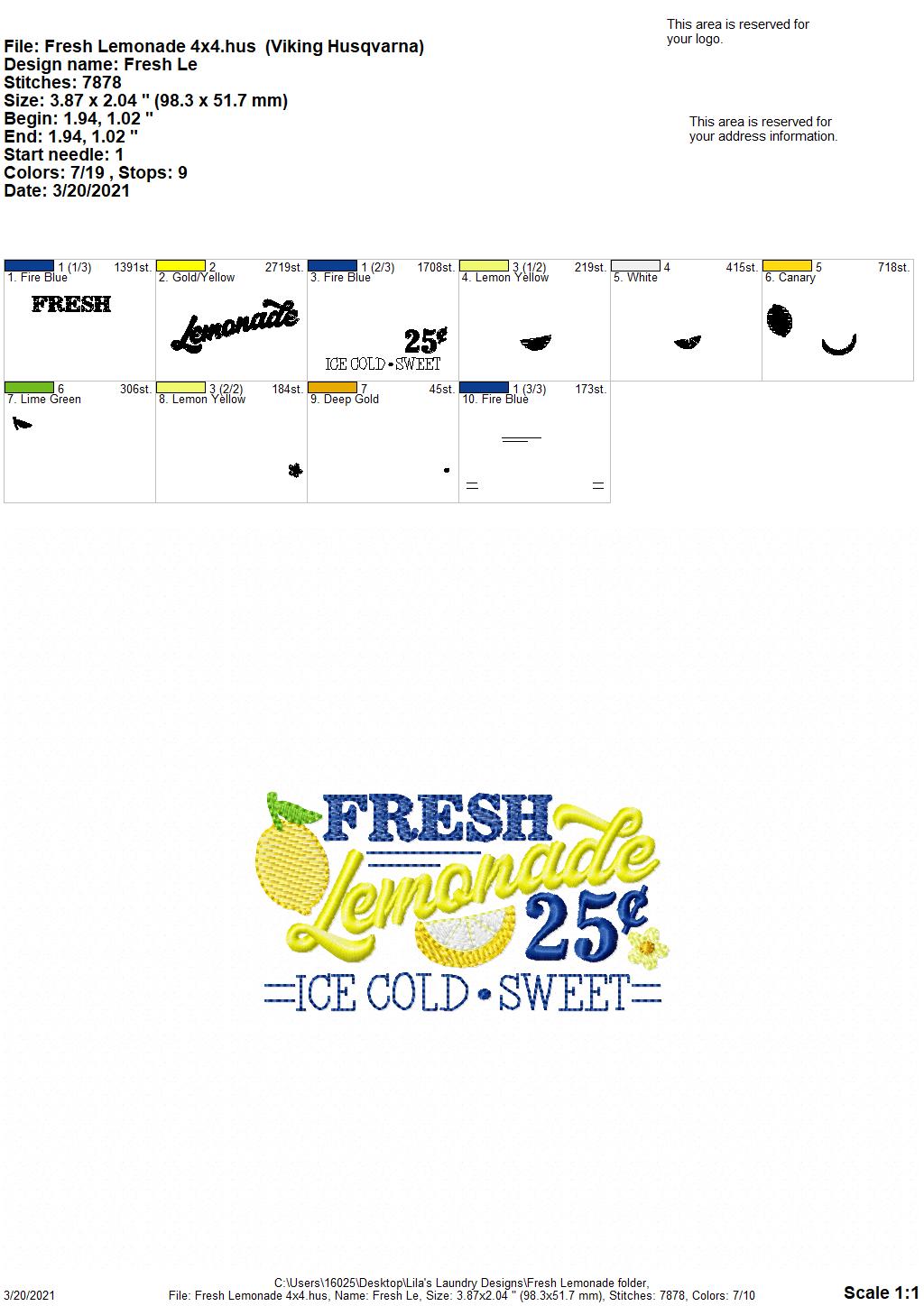 Fresh Lemonade - 3 sizes- Digital Embroidery Design