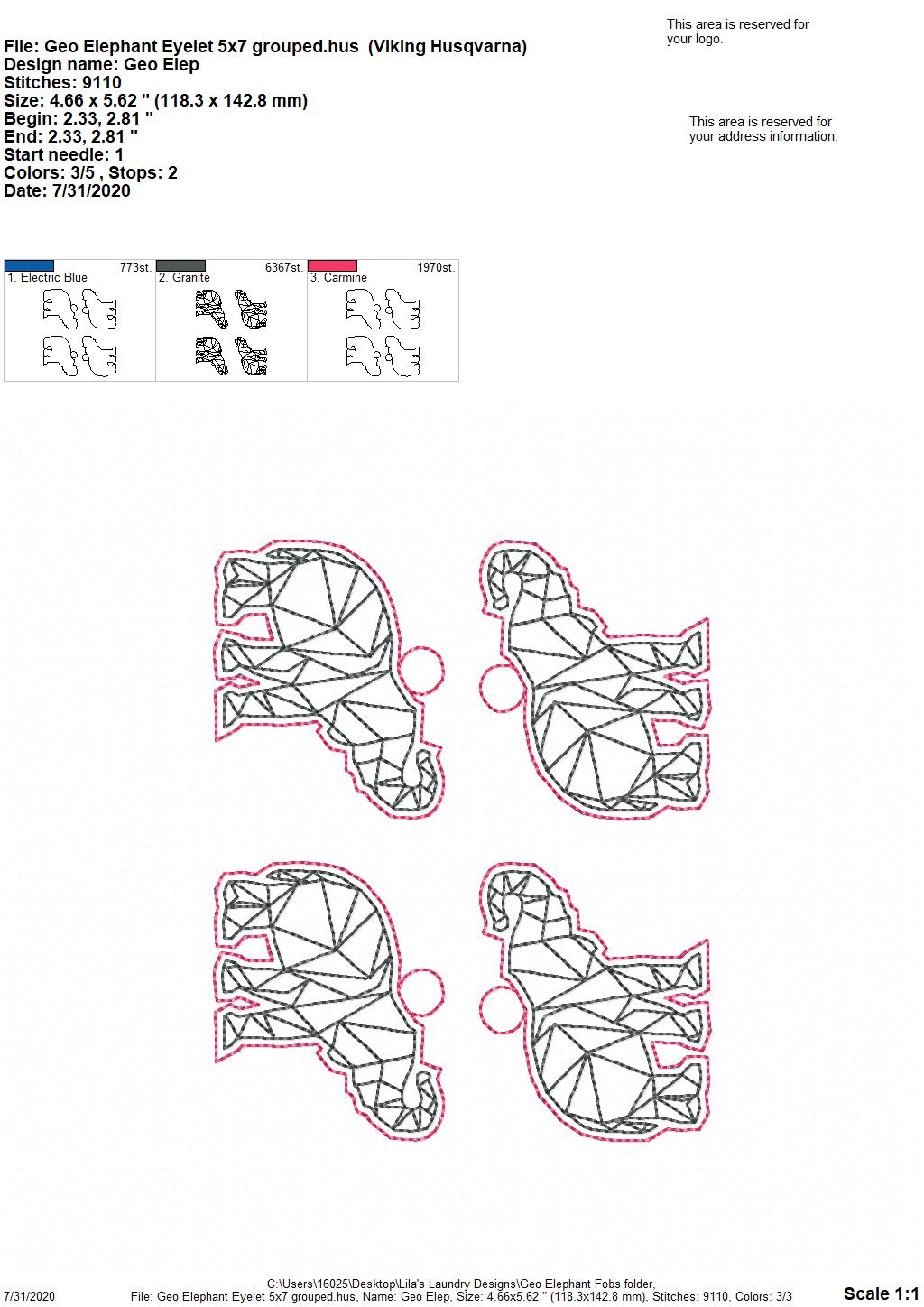 Geo Elephant Fobs - DIGITAL Embroidery DESIGN