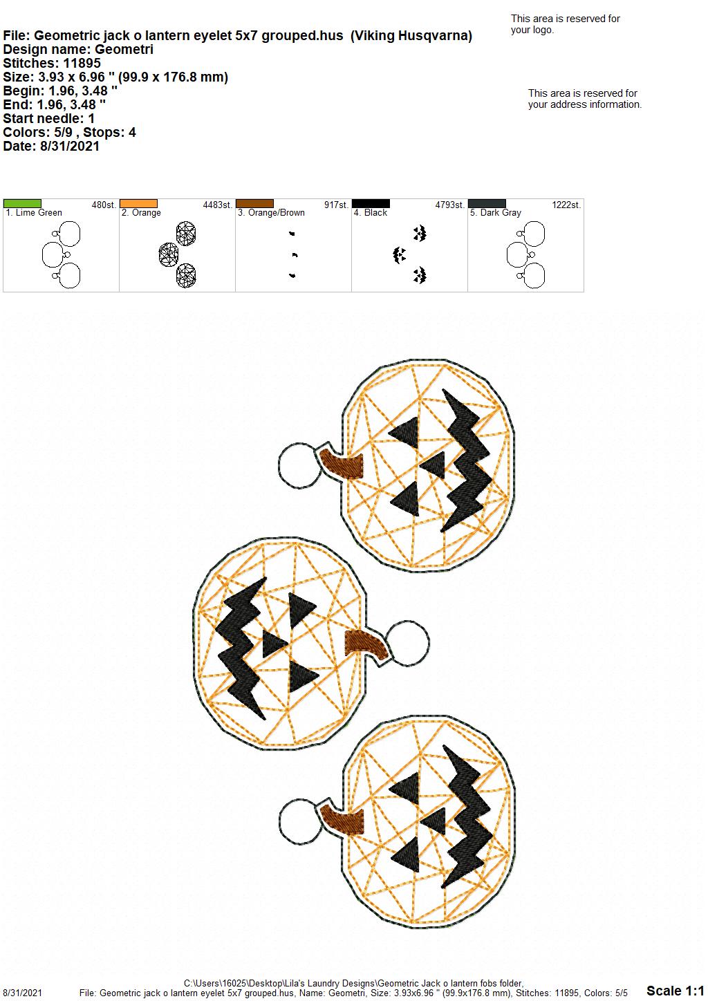 Geometric Jack O Lantern Fobs - DIGITAL Embroidery DESIGN