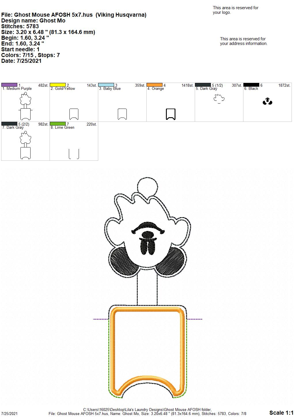 Ghost Mouse Applique Fold Over Sanitizer Holder 5x7- DIGITAL Embroidery DESIGN