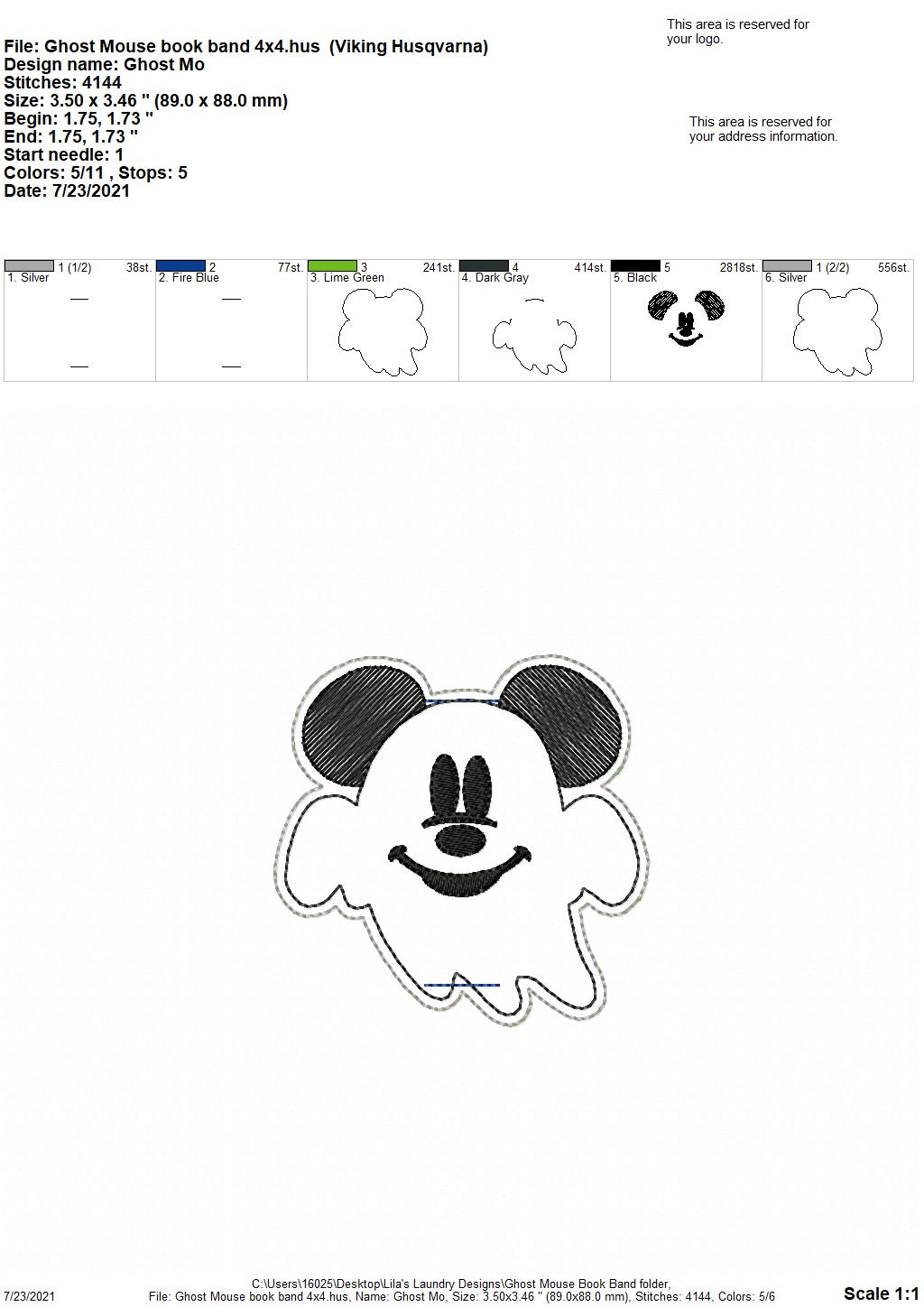 Ghost Mouse Book Band - Embroidery Design, Digital File