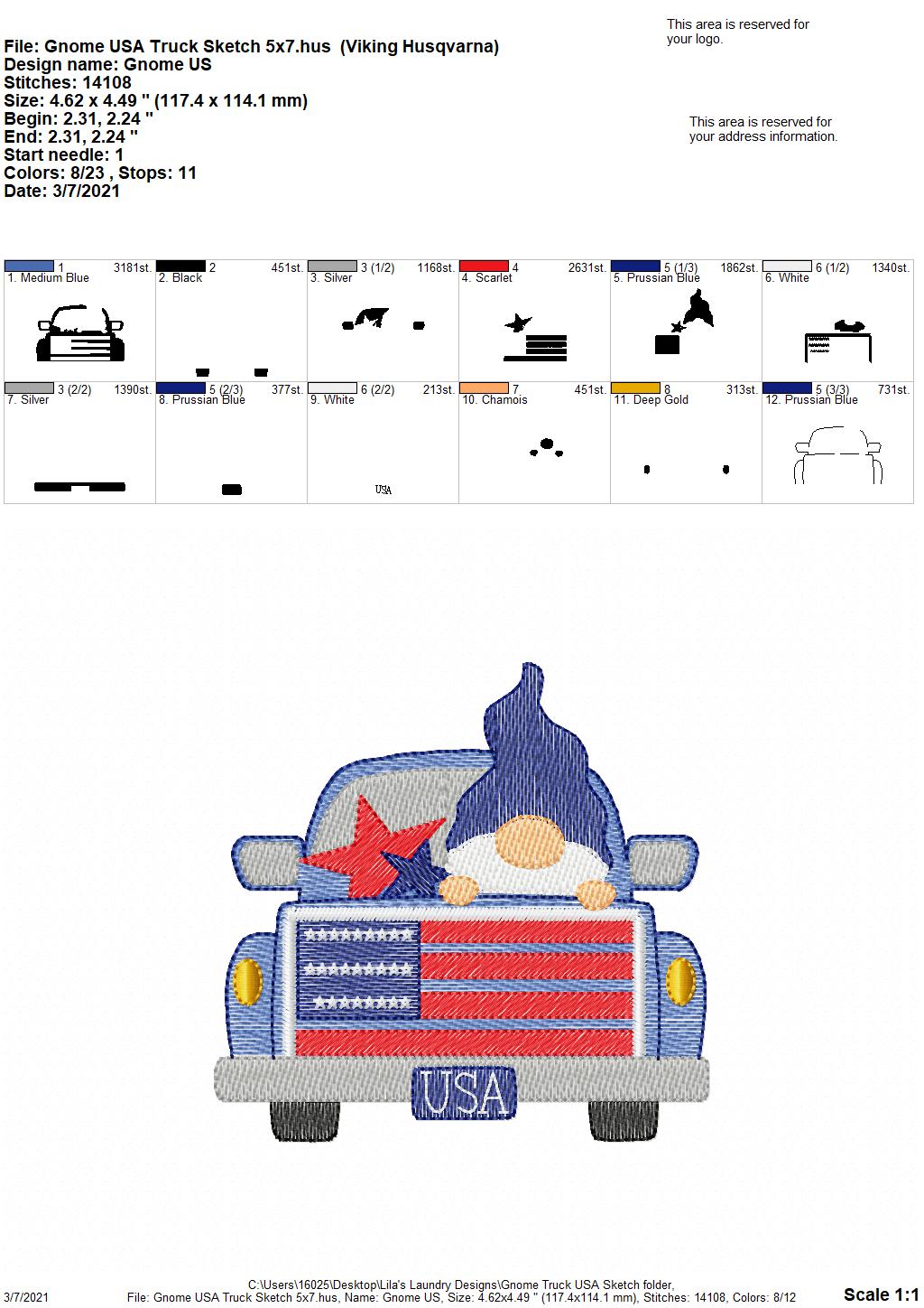 Gnome Truck USA Sketch - 2 sizes- Digital Embroidery Design