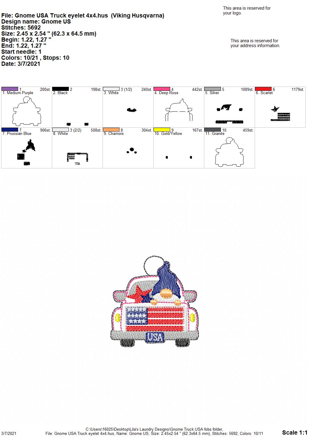 Gnome Truck USA Fobs - DIGITAL Embroidery DESIGN