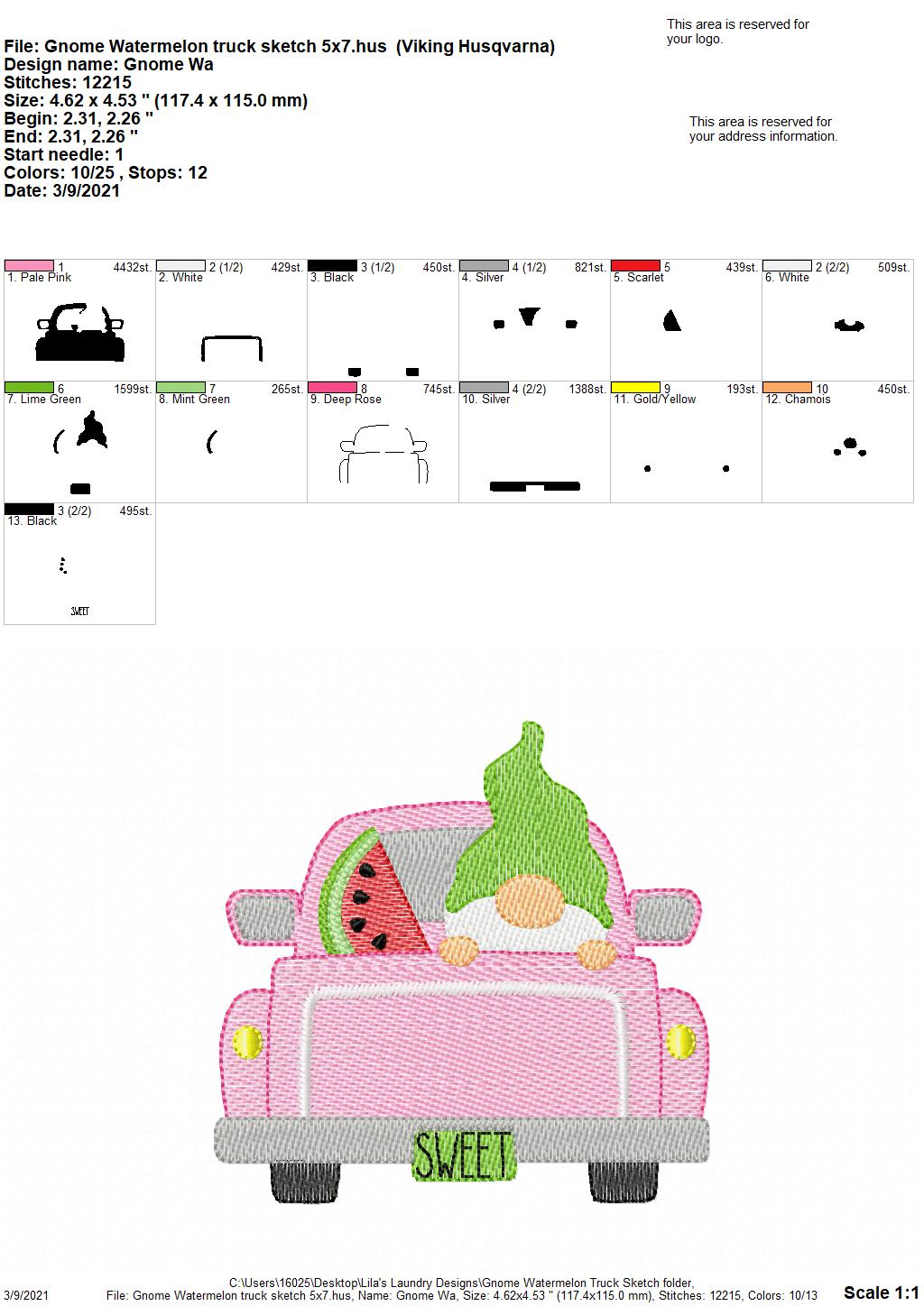 Gnome Watermelon Truck Sketch - 2 sizes- Digital Embroidery Design