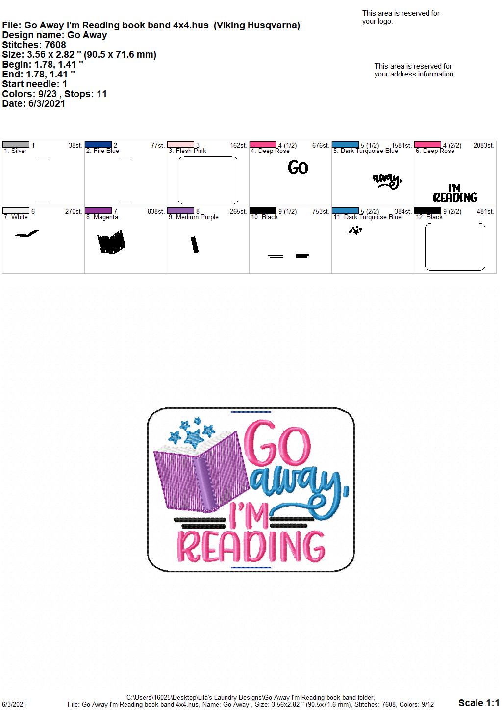 Go Away I'm Reading Book Band - Embroidery Design, Digital File