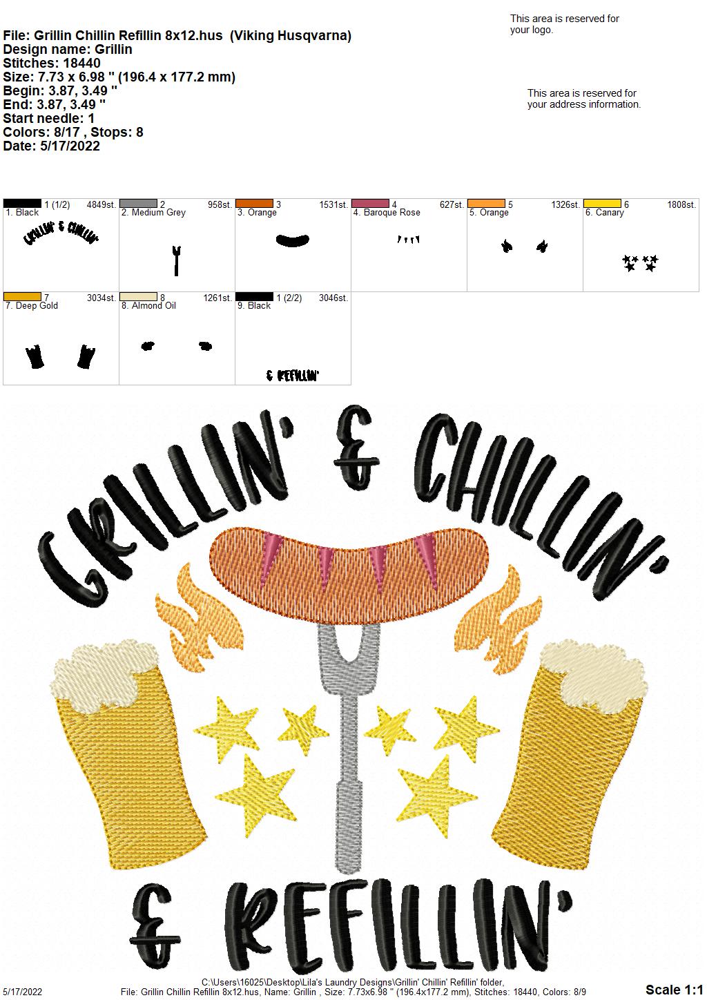 Grillin' Chillin' Refillin' - 3 sizes- Digital Embroidery Design