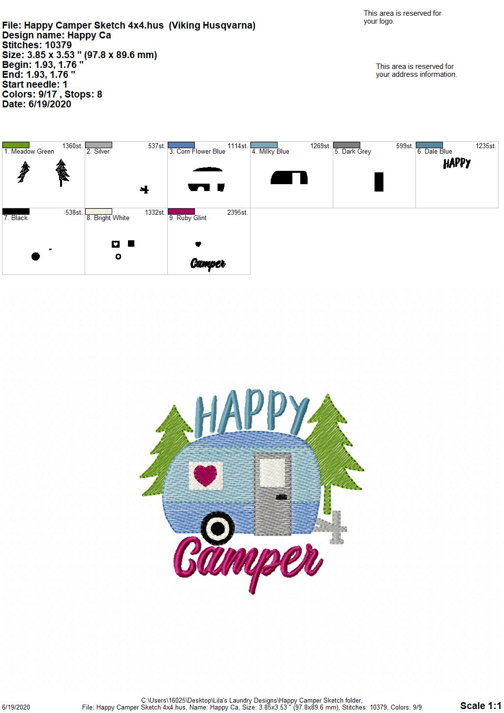 Happy Camper Sketch - 4 Sizes - Digital Embroidery Design