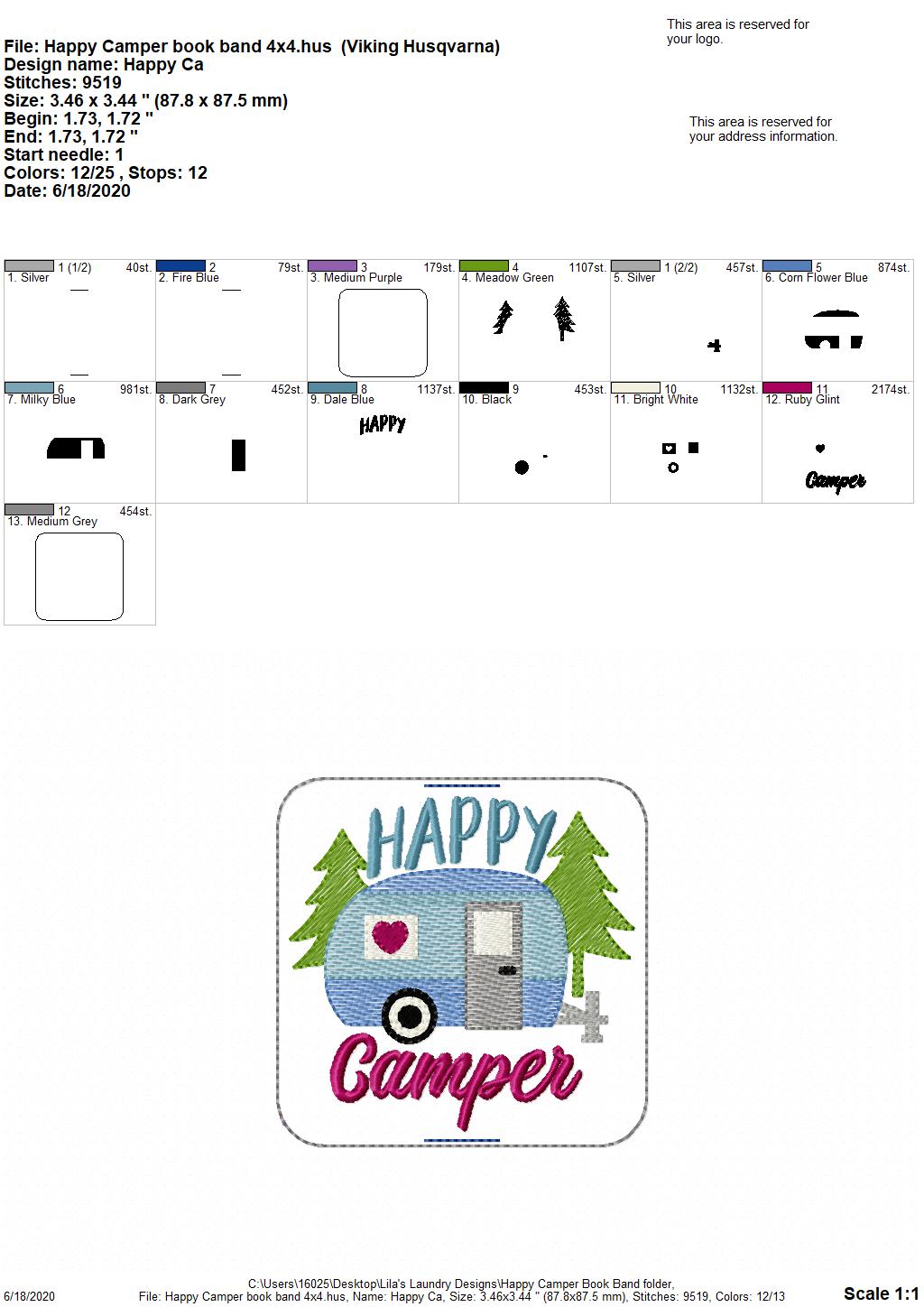 Happy Camper Book Band - Digital Embroidery Design