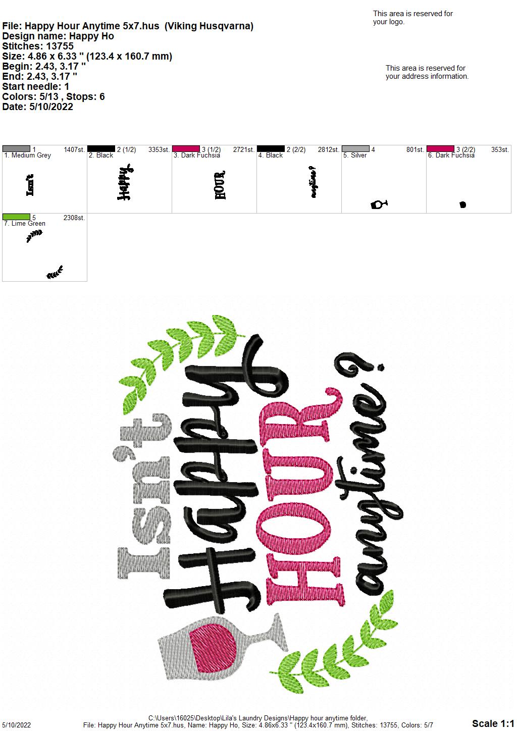 Happy Hour Anytime - 3 sizes- Digital Embroidery Design