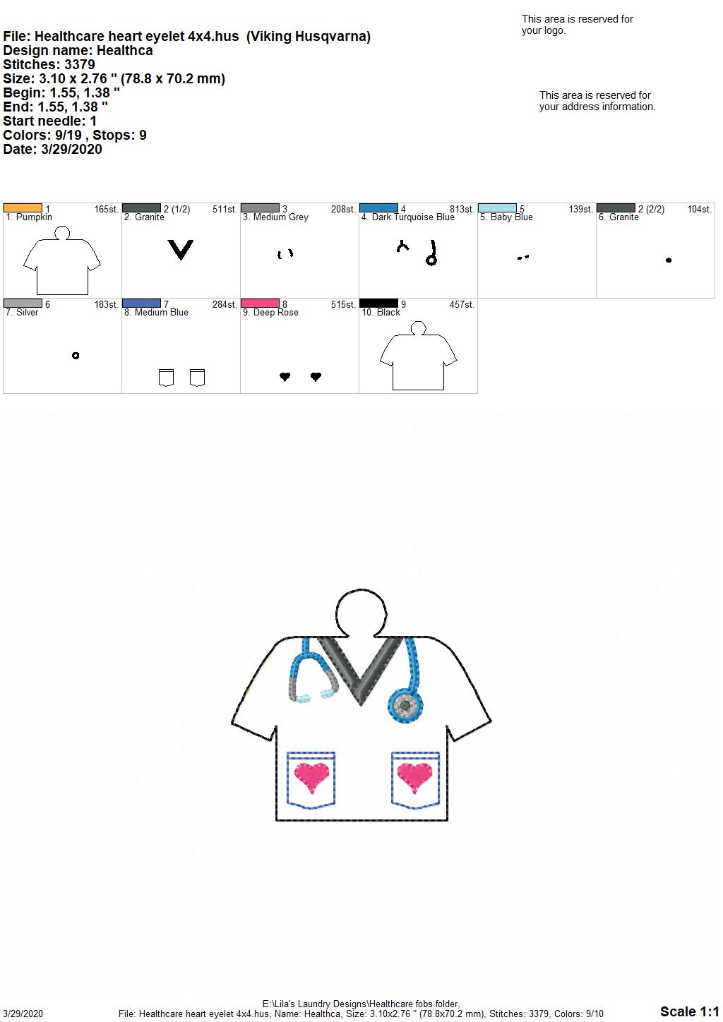 Healthcare Heart Tab and eyelet Fobs - DIGITAL Embroidery DESIGN