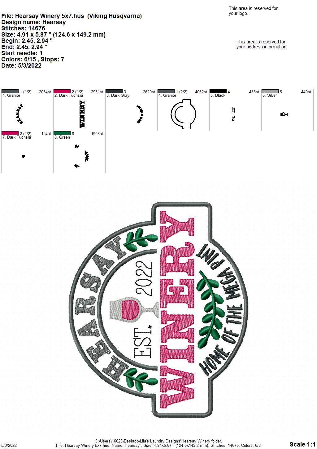 Hearsay Winery - 3 sizes- Digital Embroidery Design