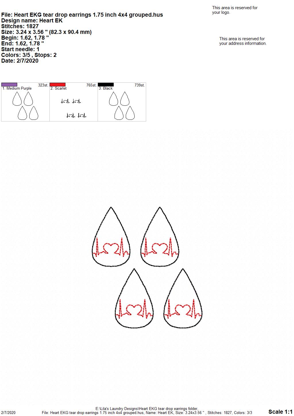 Heart EKG Tear Drop Earrings - 3 sizes - Digital Embroidery Design