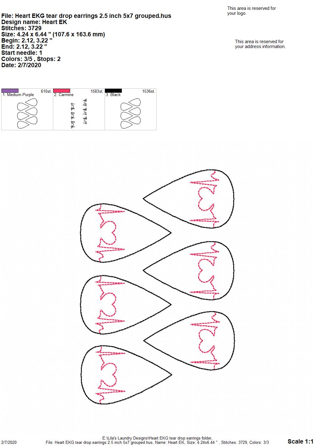 Heart EKG Tear Drop Earrings - 3 sizes - Digital Embroidery Design