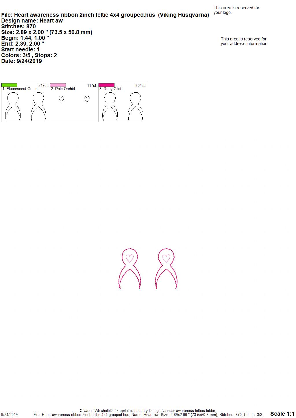 Heart awareness ribbon Felties - 3 sizes- Digital Embroidery Design