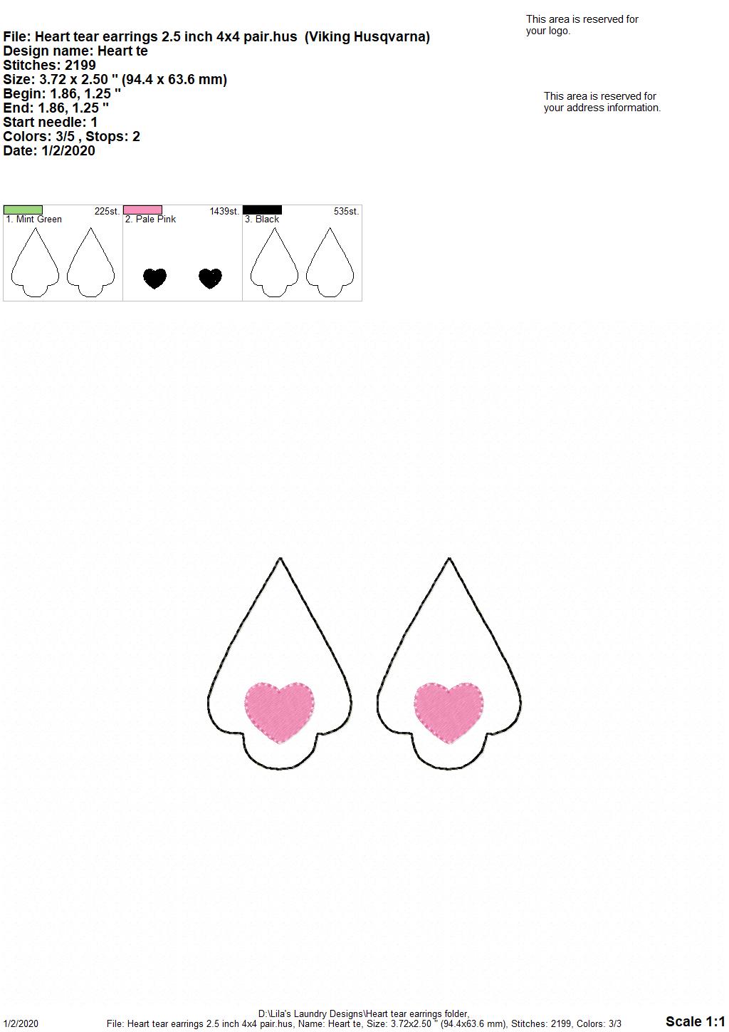 Heart Tear Drop Earrings - 3 sizes - Digital Embroidery Design