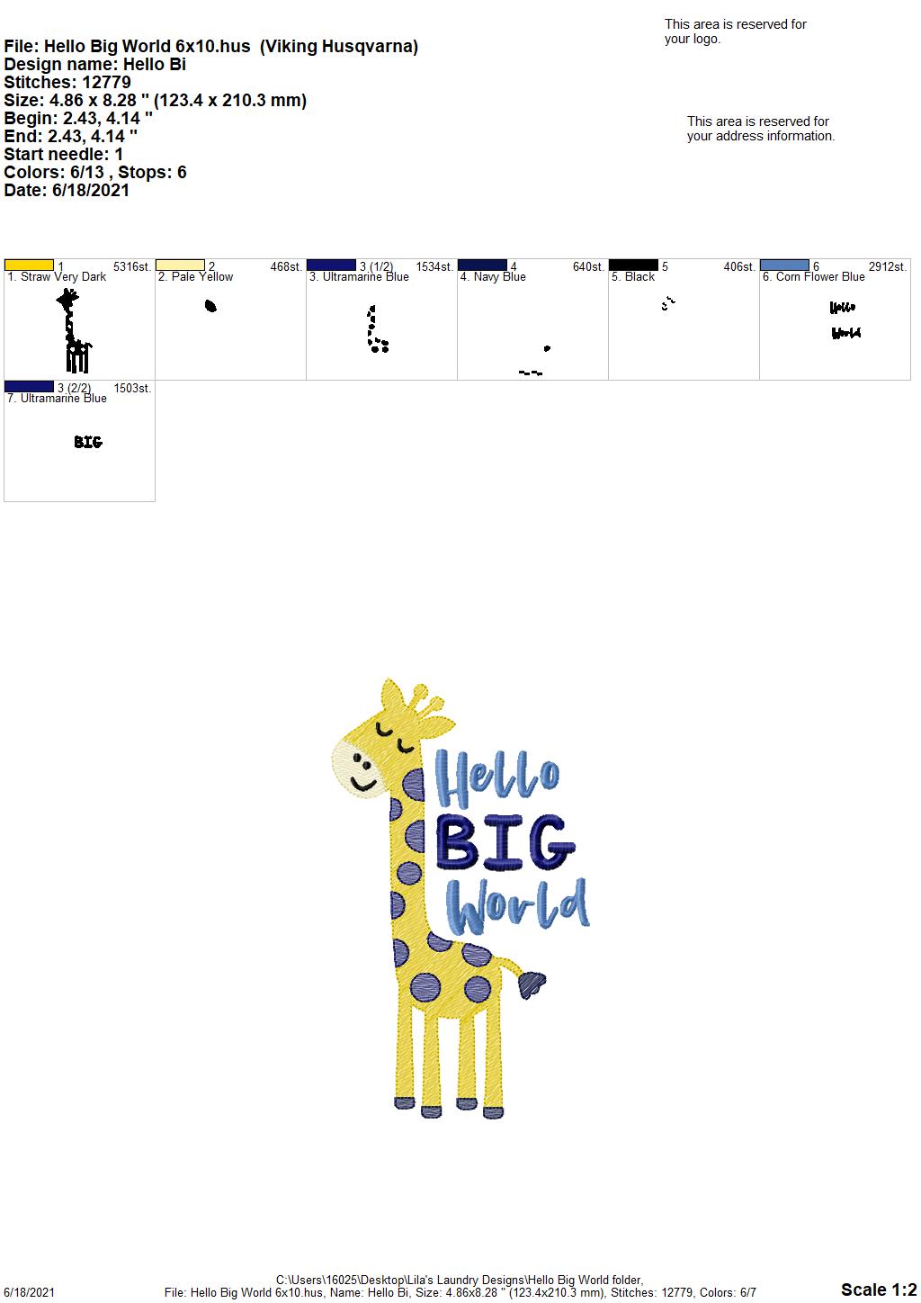 Hello Big World - 3 sizes- Digital Embroidery Design