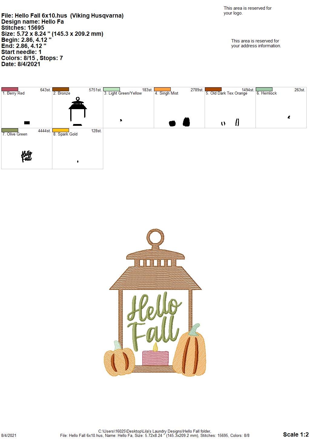 Hello Fall - 3 sizes- Digital Embroidery Design