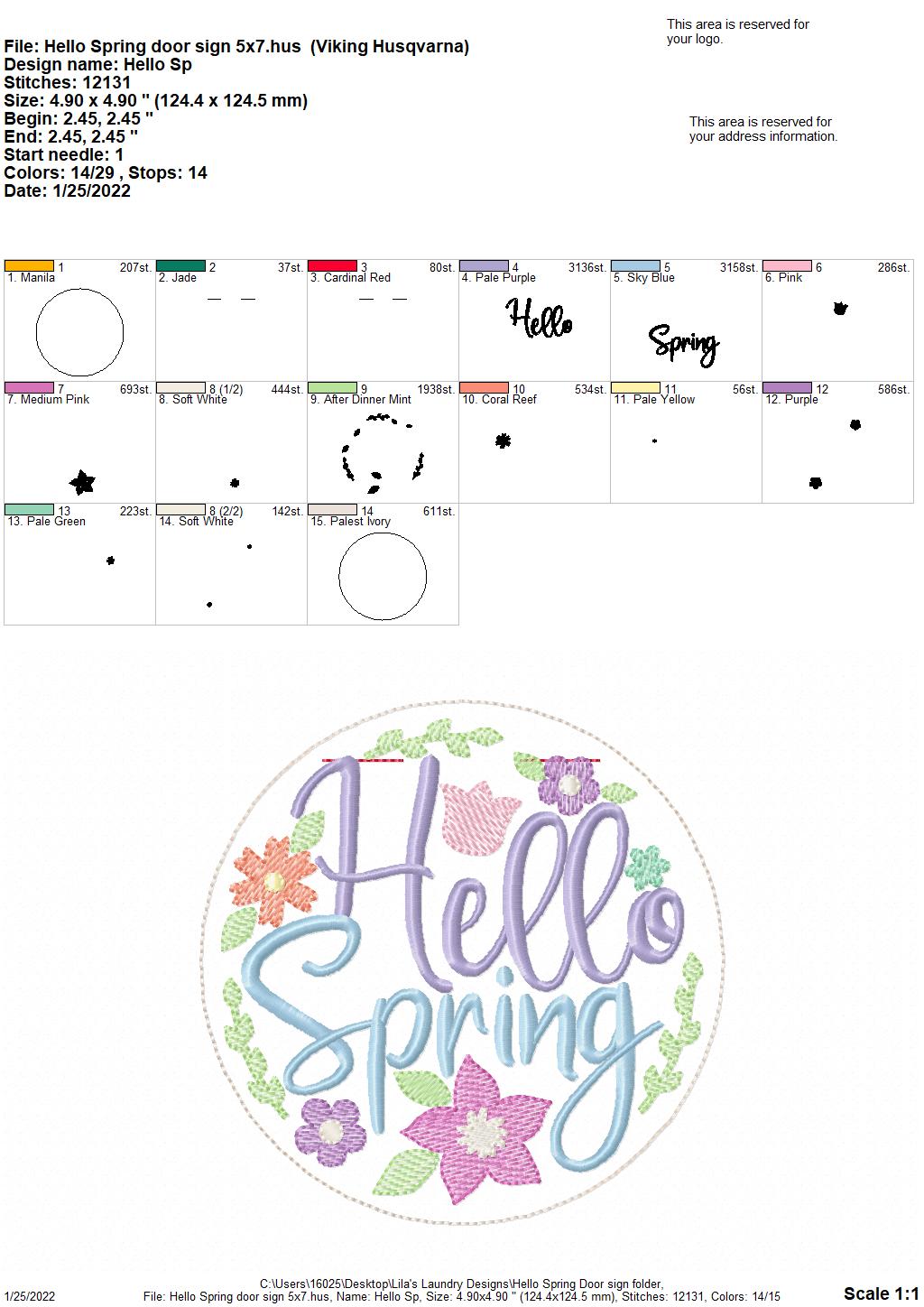 Hello Spring Door Sign - 3 sizes - Digital Embroidery Design