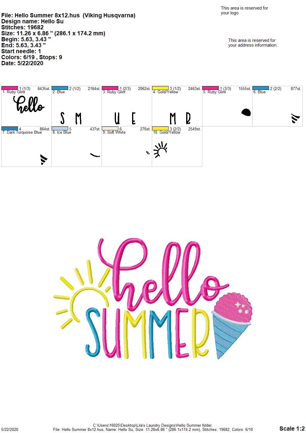 Hello Summer - 3 Sizes - Digital Embroidery Design
