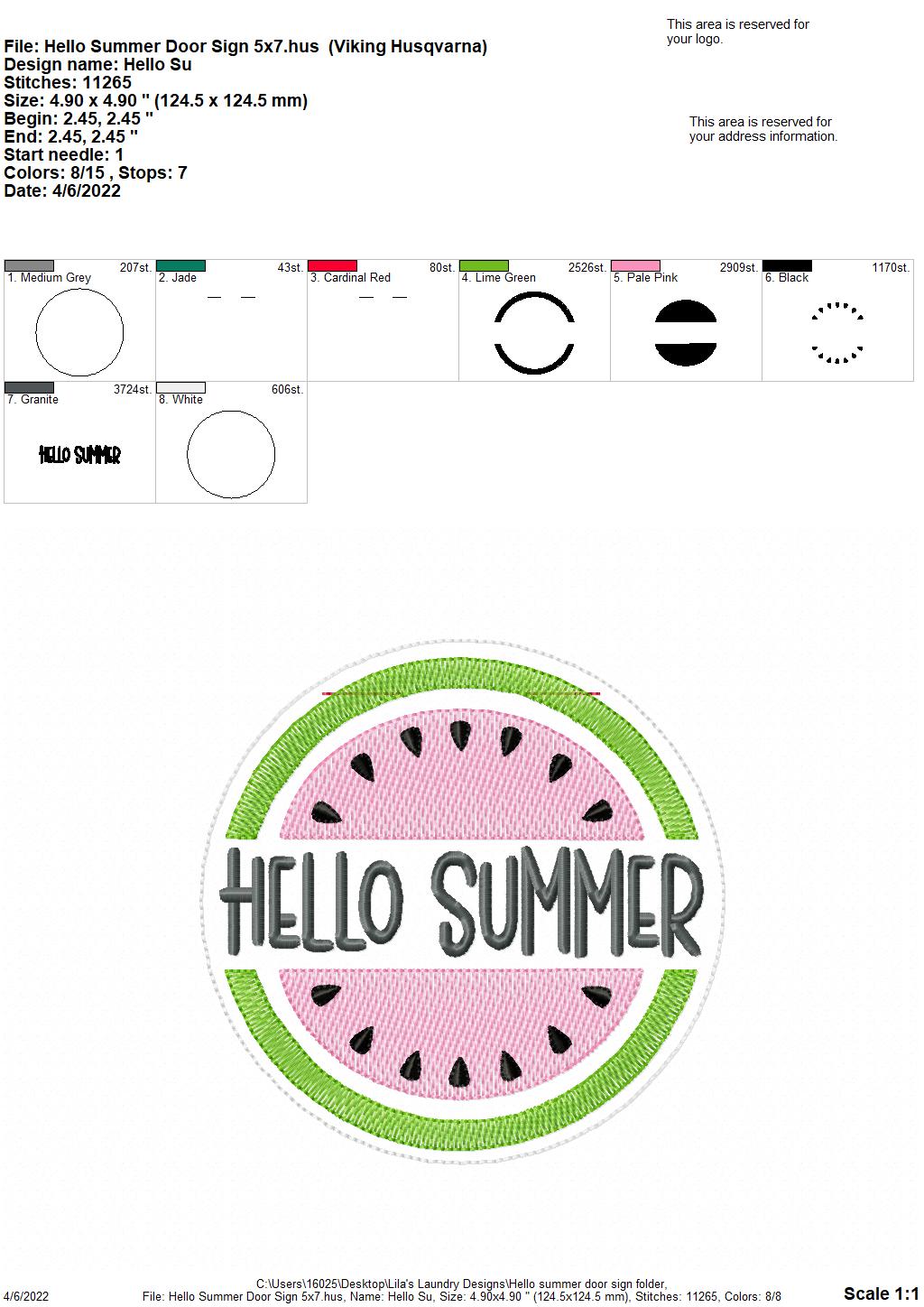 Hello Summer Door Sign - 3 sizes - Digital Embroidery Design
