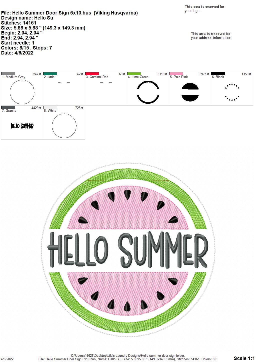 Hello Summer Door Sign - 3 sizes - Digital Embroidery Design
