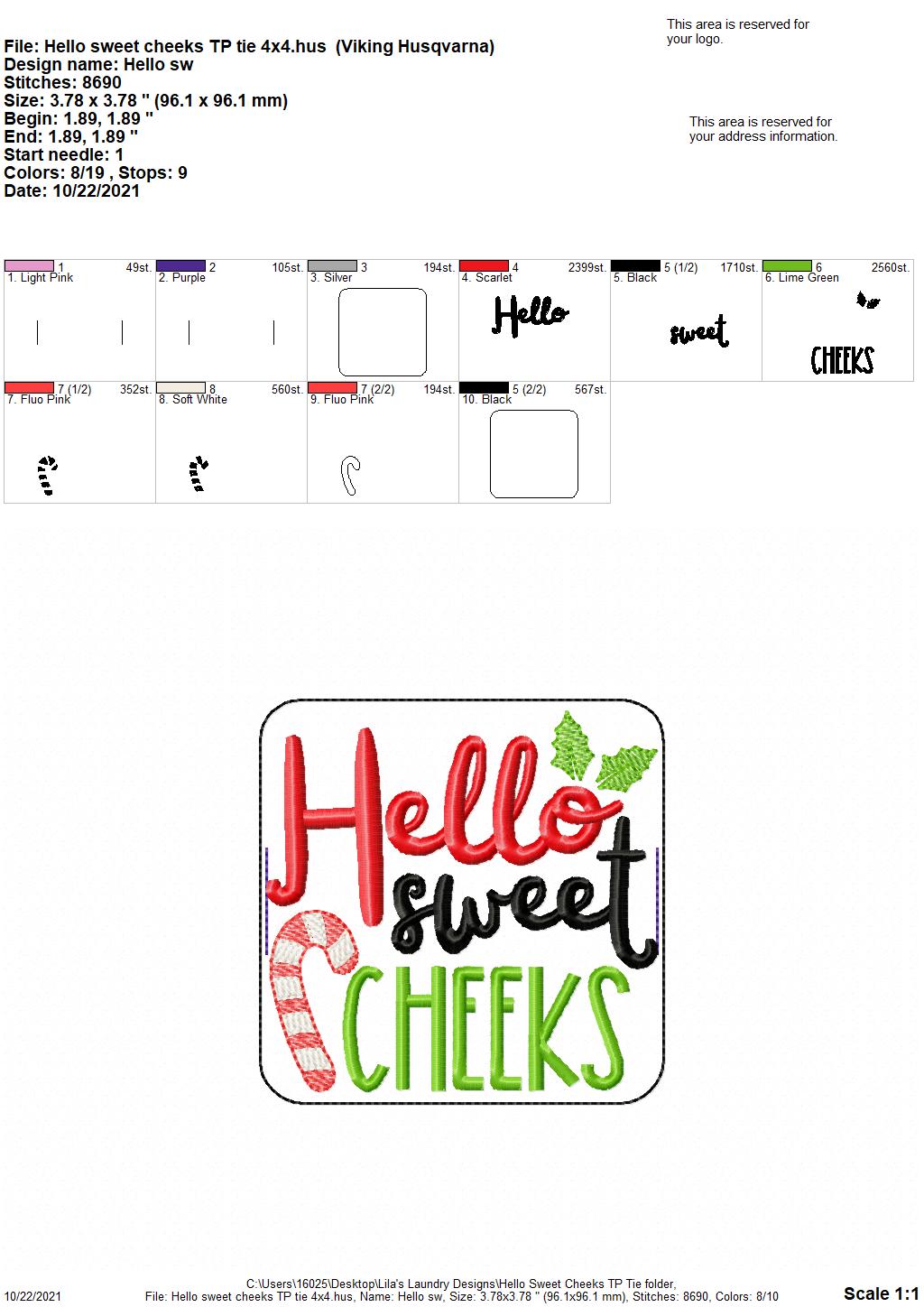 Holiday Hello Sweet Cheeks - TP tie 4x4 - DIGITAL Embroidery DESIGN
