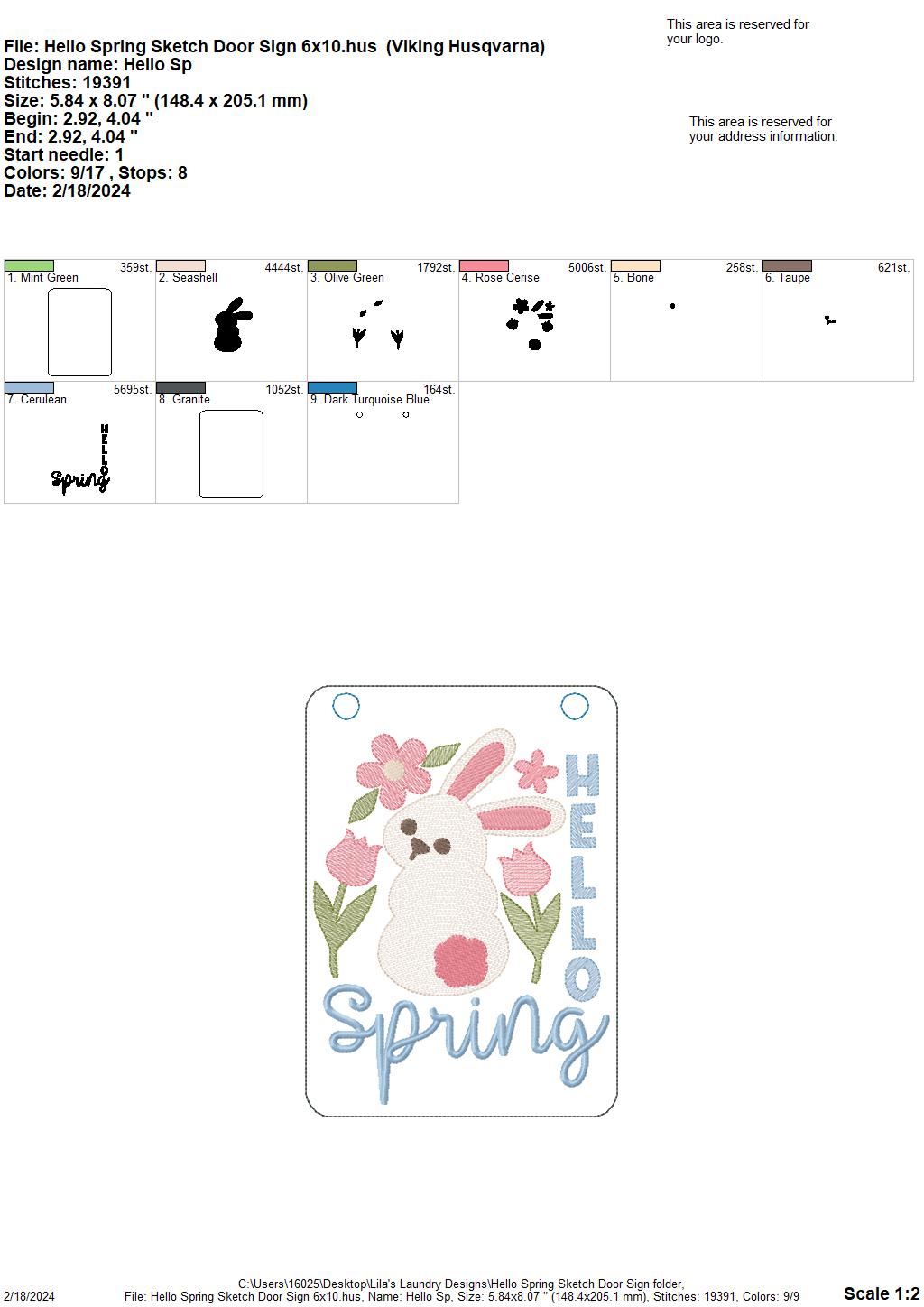 Hello Spring Sketch Door Sign - 3 Sizes - Digital Embroidery Design