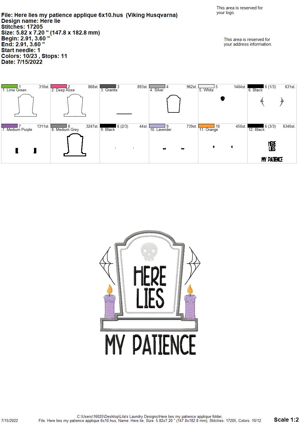 Here Lies My Patience Applique - 3 sizes- Digital Embroidery Design