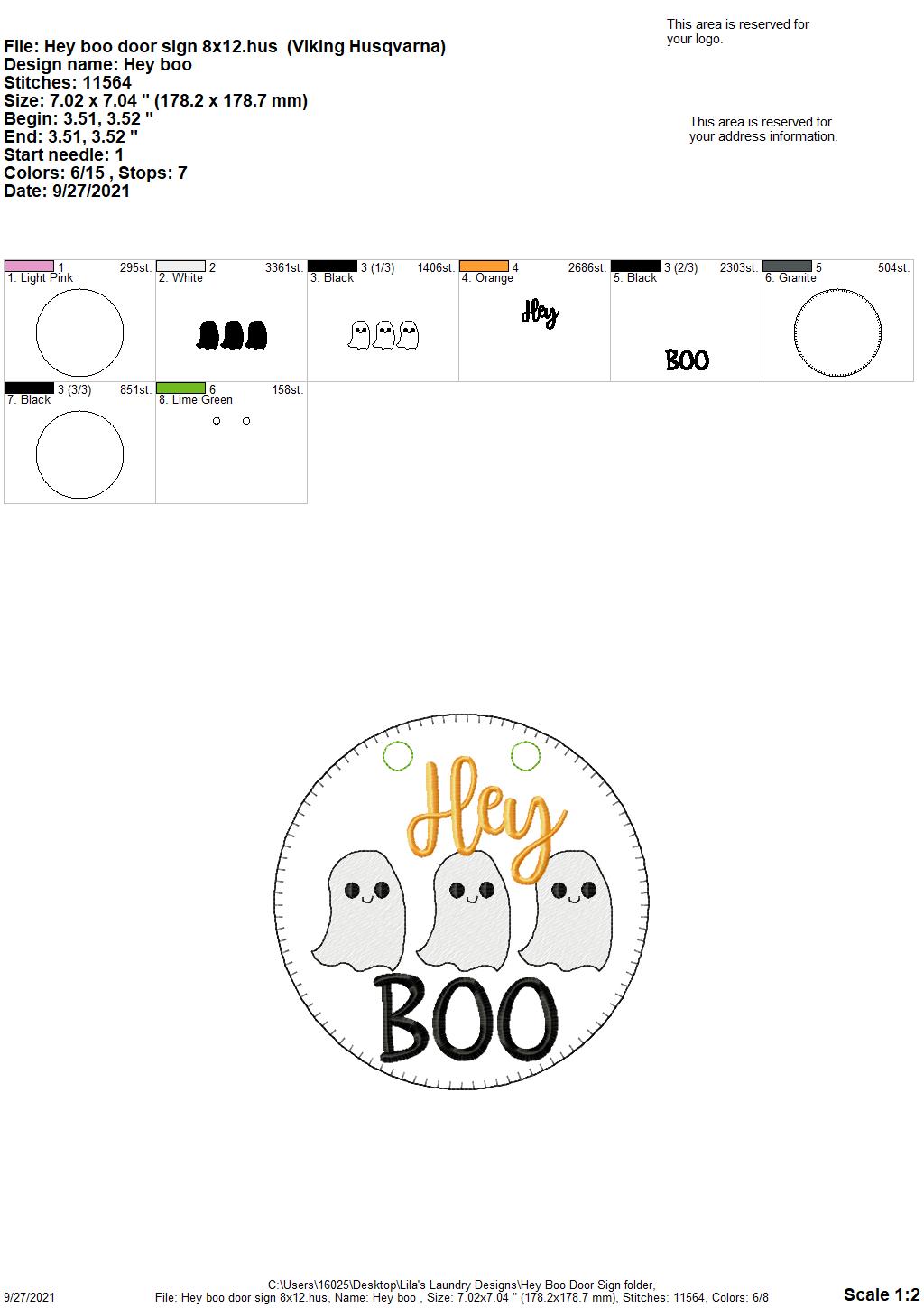 Hey Boo Sketch Door Sign - 3 sizes - Digital Embroidery Design
