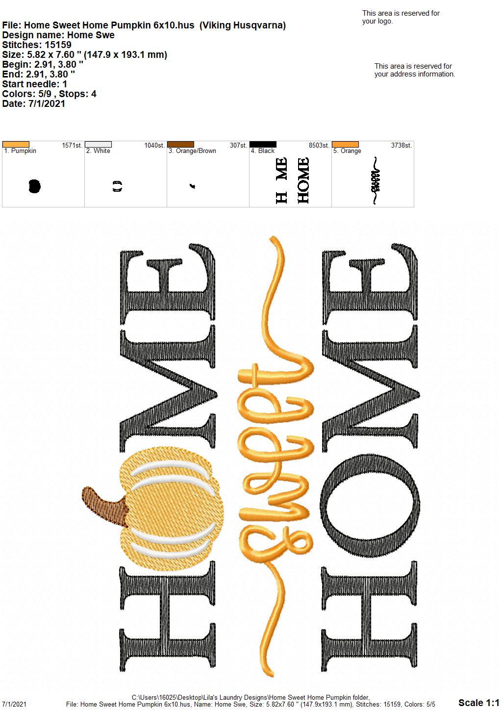 Home Sweet Home Pumpkin - 4 sizes- Digital Embroidery Design