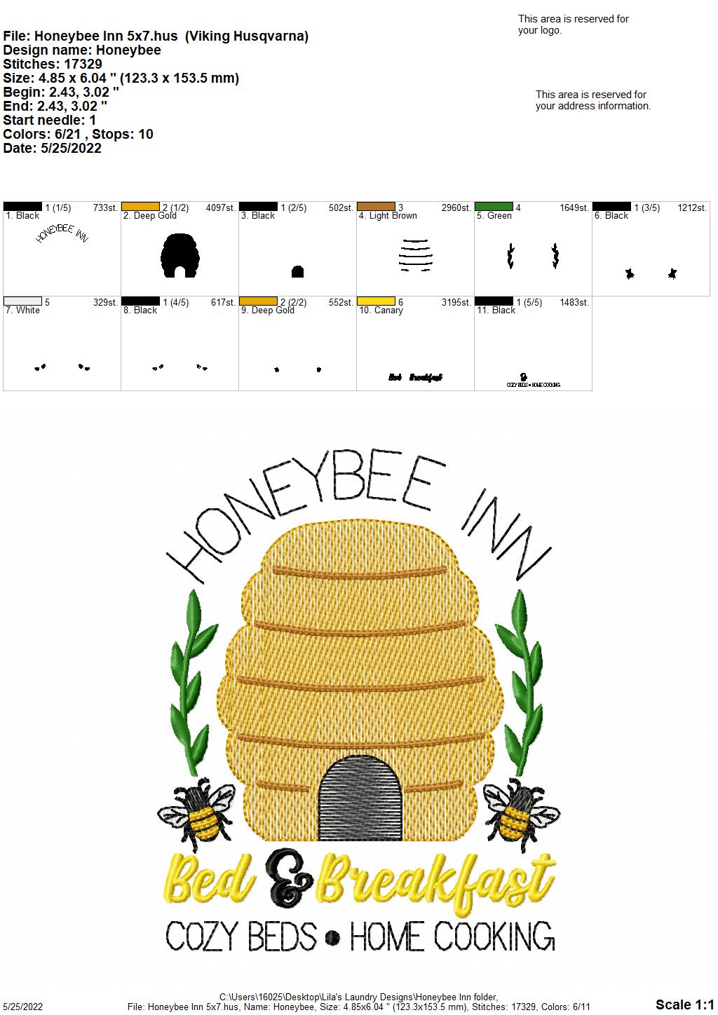 Honeybee Inn - 3 sizes- Digital Embroidery Design