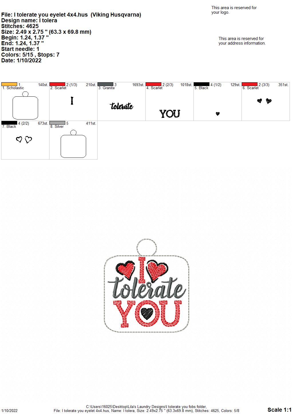 I tolerate you Fobs - DIGITAL Embroidery DESIGN