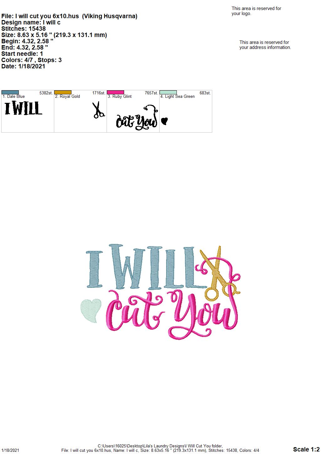 I Will Cut You - 2 sizes- Digital Embroidery Design