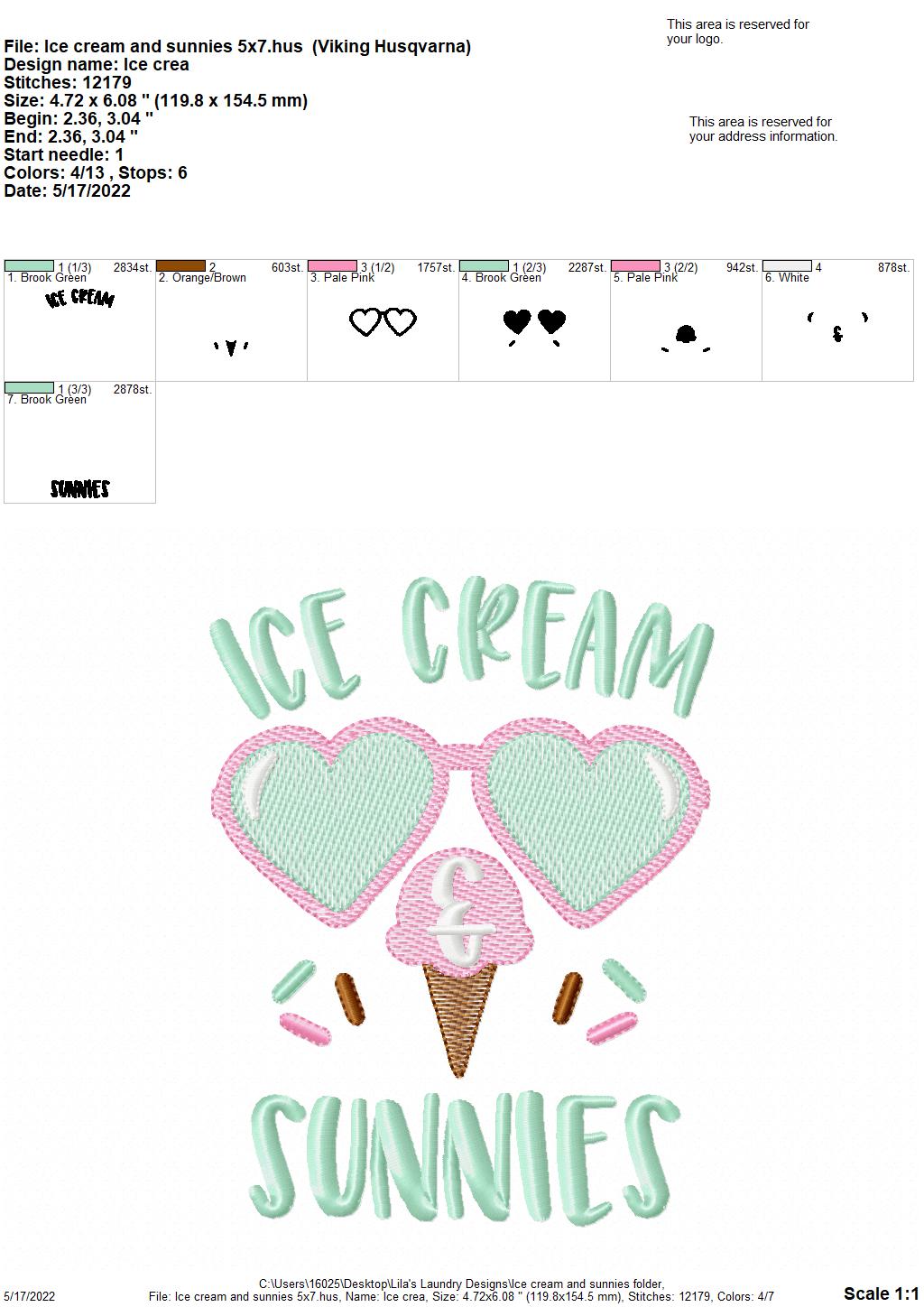 Ice Cream & Sunnies - 3 sizes- Digital Embroidery Design