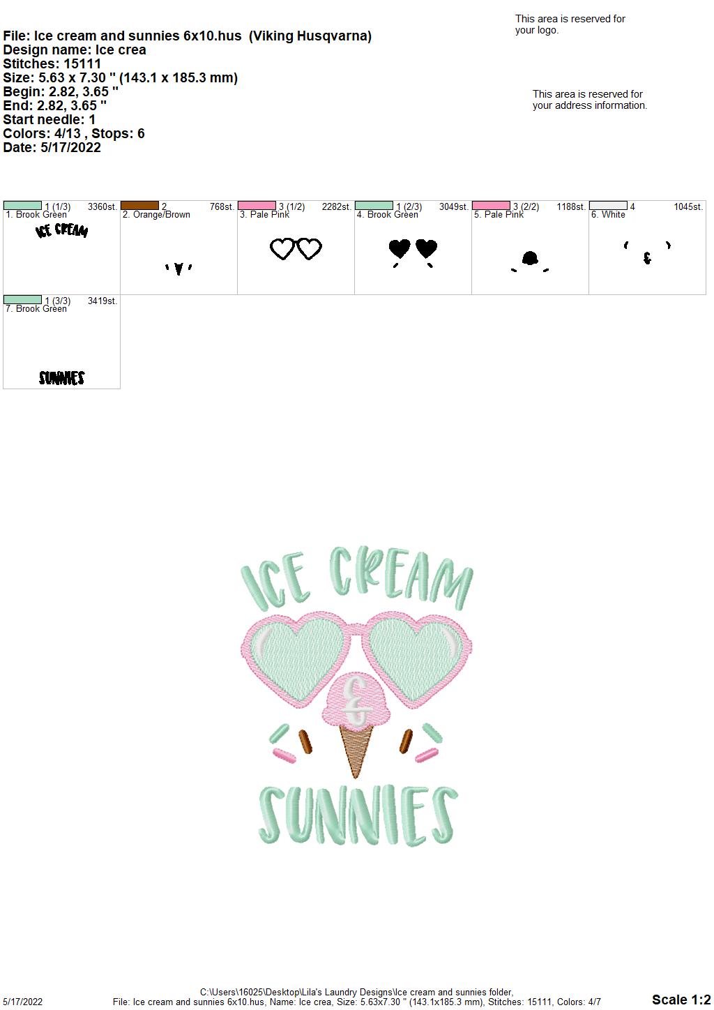 Ice Cream & Sunnies - 3 sizes- Digital Embroidery Design