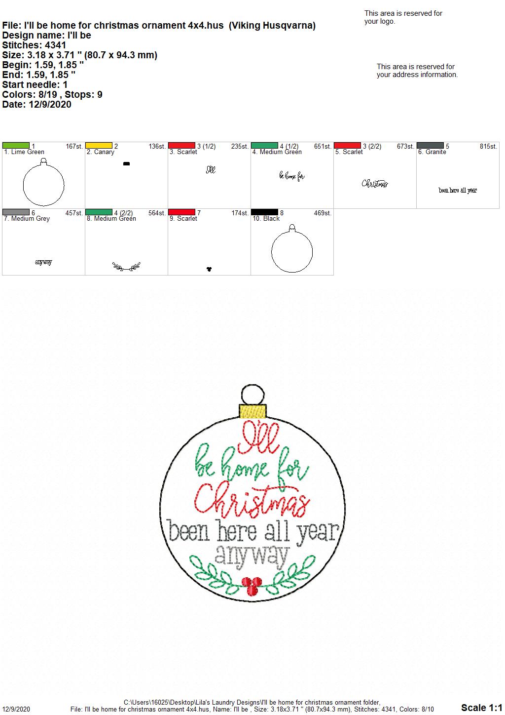 I'll be Home for Christmas Ornament - Digital Embroidery Design