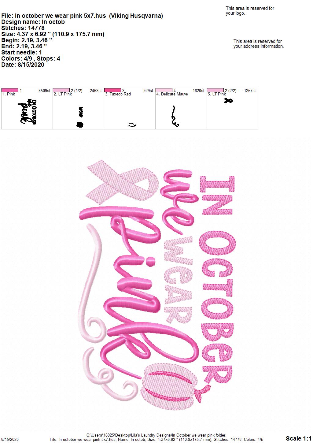 In October We Wear Pink - 3 Sizes - Digital Embroidery Design