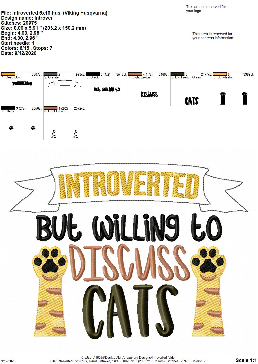 Introverted But Willing To Discuss Cats - 2 Sizes - Digital Embroidery Design